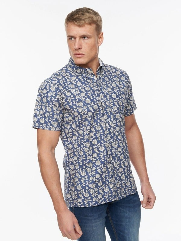 Bewley & Ritch Haltom Short Sleeve Shirt Mid Blue Print