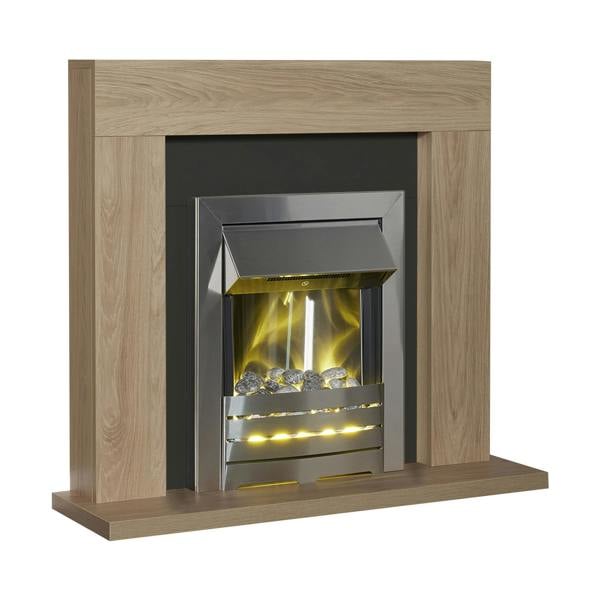 Adam Malmo Fireplace in Oak & Black with Helios Electric Fire in Brushed Steel, 39 Inch