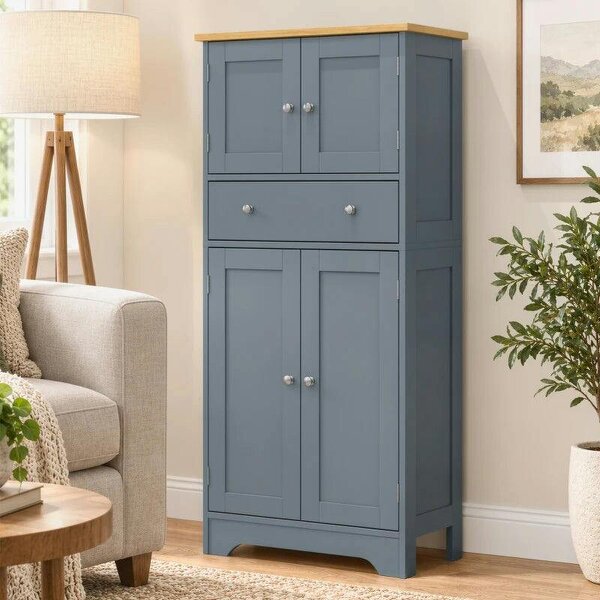 Kitchen Cupboard, Modern Freestanding Kitchen Storage Cabinet with Doors and Shelves, Grey Blue