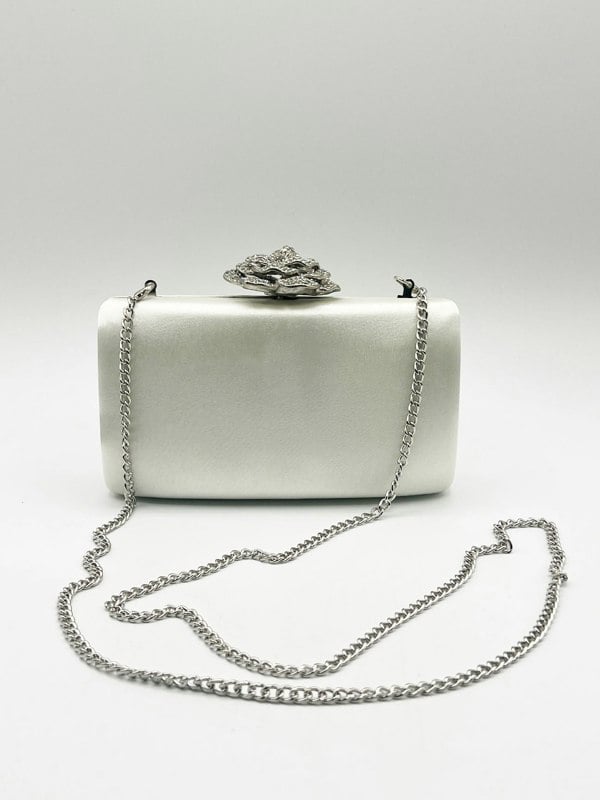 SVNX Satin Clutch Bag with Rose Jewel in Ivory
