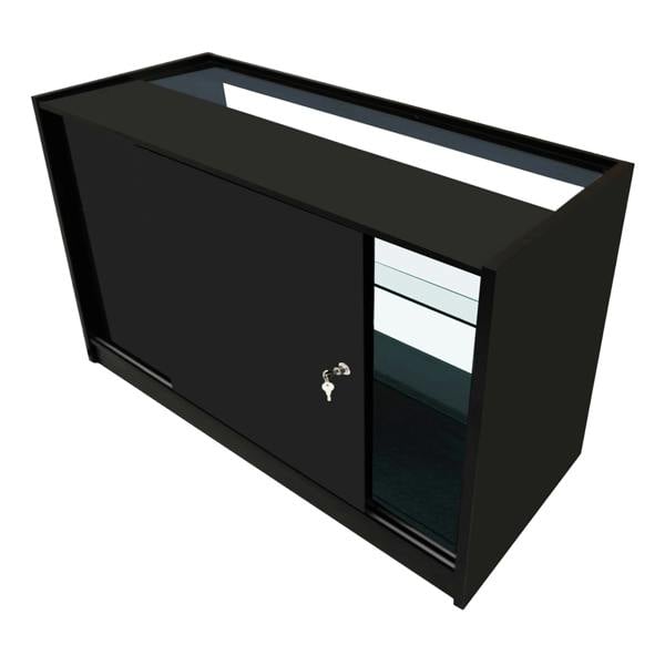 Sleek black Hyperion LED shop counter set with sliding door, glass shelves, and modern design, perfect for retail displays