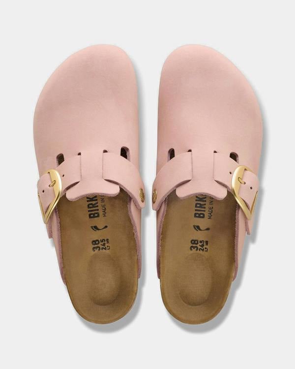 Birkenstock Boston Big Buckle Nubuck Leather Womens Clogs - Soft Pink | CHO | Designer Womens Clogs