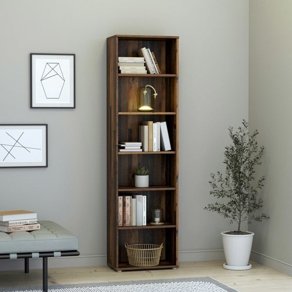 Furniture To Go Essential Narrow 5 Shelf Bookcase in Vintage Oak