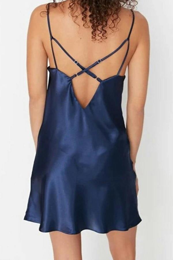 WOVCOR V-neck Back Detailed Satin Nightdress