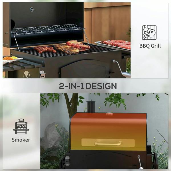 Black 3-in-1 BBQ grill with open lid and cooking grates over the main chamber