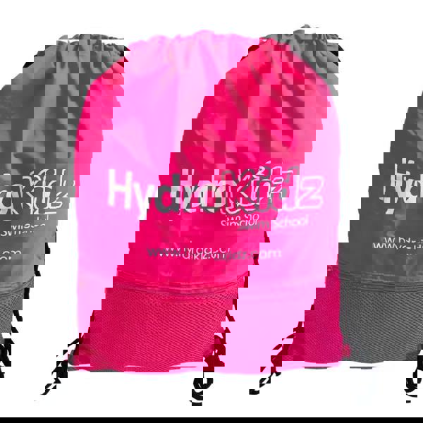Pink HydroKidz drawstring backpack with logo, website, mesh pocket, 5cm depth