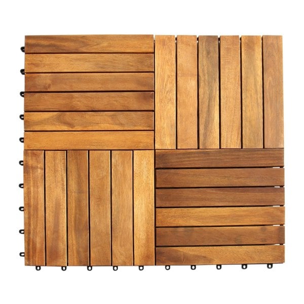 Natural wooden decking tiles featuring rich brown tones, smooth texture, and interlocking design for easy installation and outdoor use