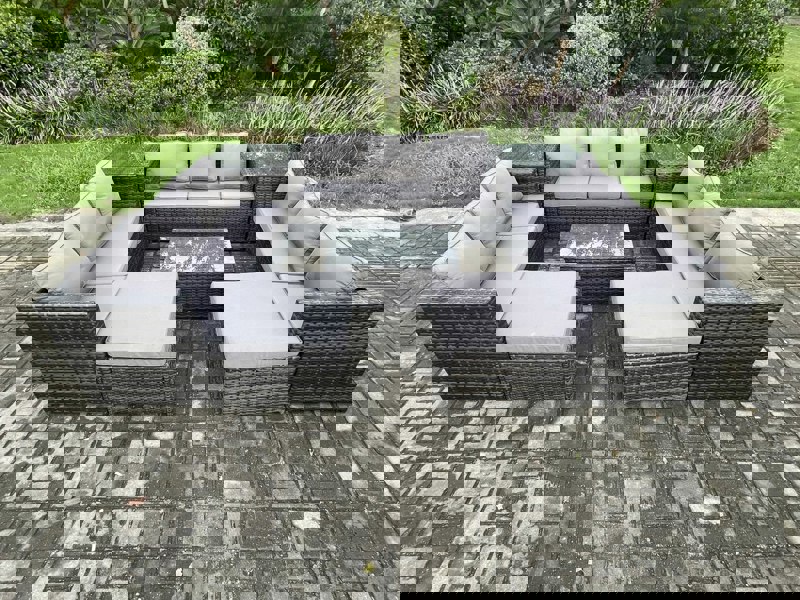 Fimous Outdoor Lounge Sofa Set Wicker PE Rattan Garden Furniture Set with Oblong Coffee Table 2 Side Tables 2 Big Footstool 11Seater Dark Grey Mixed