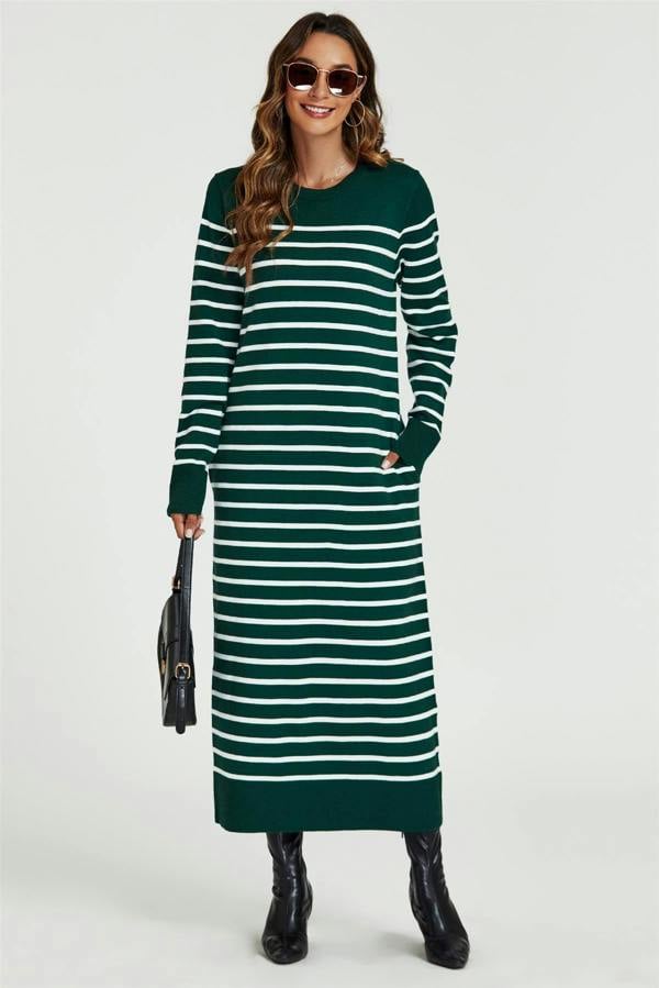 FS Collection Stripe Pattern Knitted Tunic Jumper Dress In Dark Green