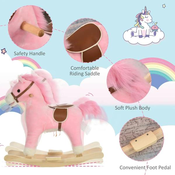 Pink plush rocking horse with safety handle, foot pedal, and wooden rocker base