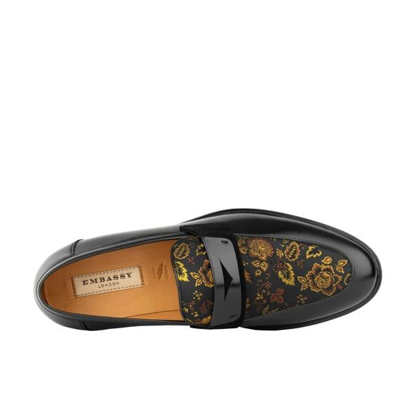 Embassy London Gosselin - Black & Yellow Flowers - Men's leather loafer with jaquard details