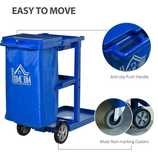 Blue janitor cleaning trolley with anti-slip push handle and non-marking caster wheels