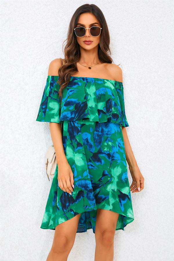 FS Collection Abstract Floral Print Bardot Frill Off Shoulder Mini Dress In Green