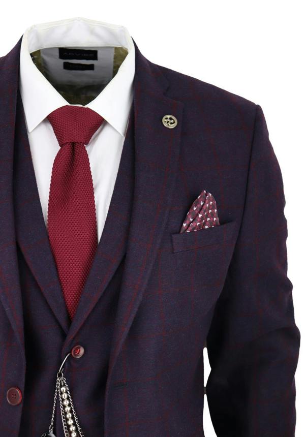 TruClothing Mens 3 Piece Tweed Suit Plum Purple Check Peaky Blinders Classic 1920 Gatsby