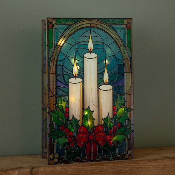 Samuel Alexander 21cm Battery Operated Light up Stained Glass Christmas Decoration with Candles & Holly with Warm White LEDs