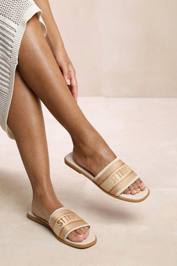 Where's That From Felicida Textile Strap Slip on Sandals in Cream Faux Leather