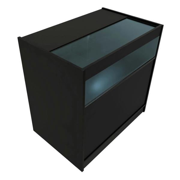 Sagittarius LED shop counter set in sleek black, featuring a glass top and illuminated display area for showcasing products