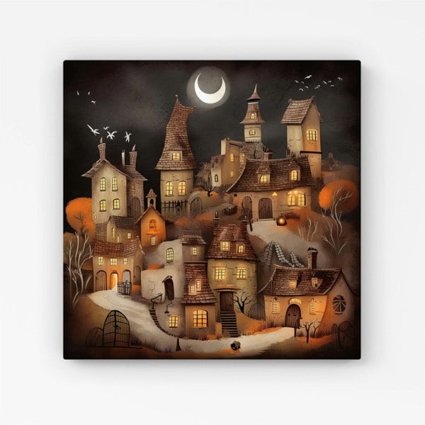 Warren Reed Spooky Halloween Village Canvas