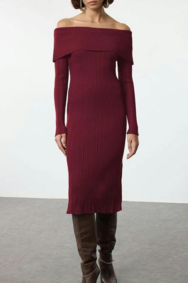 WOVCOR Midi Knit Basic Carmen Collar Dress
