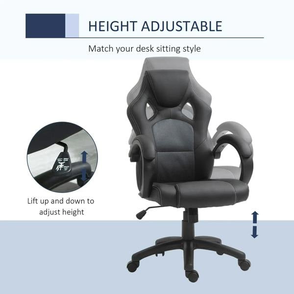 Black faux-leather office chair with adjustable height, armrests, and rolling 5-star base