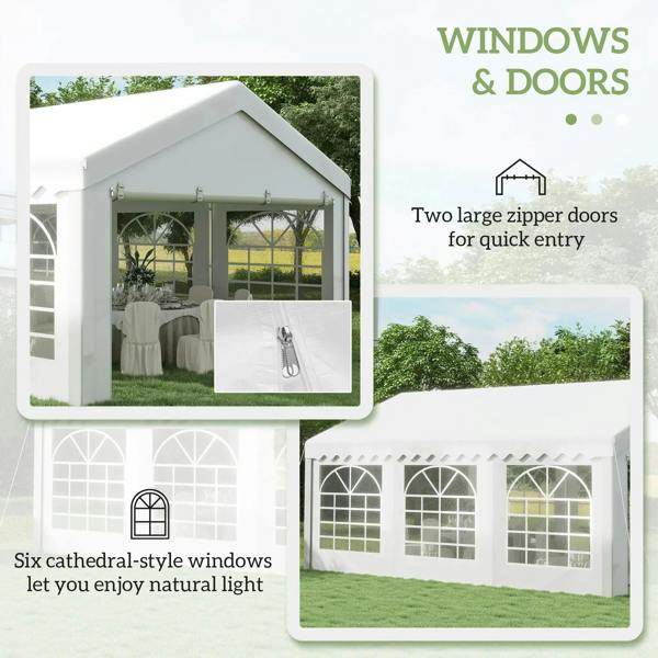 White gazebo with two large zipper doors and cathedral-style grid windows