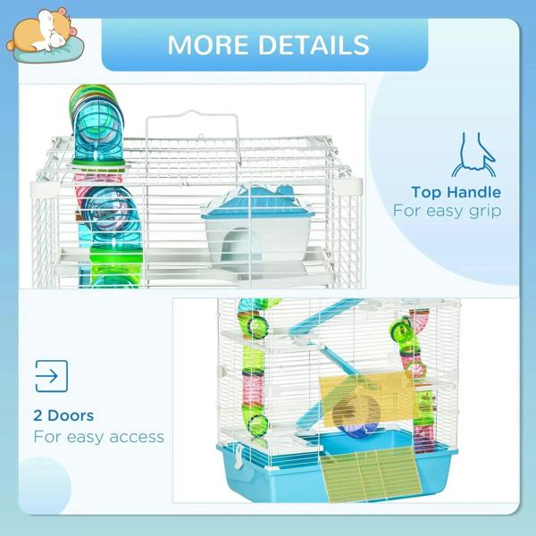 Light blue hamster cage with top handle and two access doors, showing tubes and ramps.