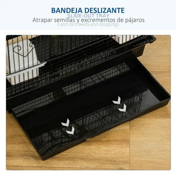 Bird cage slide-out tray on black base for seed and droppings