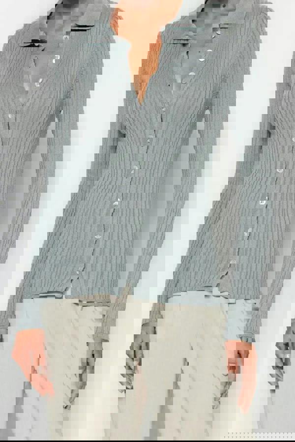 WOVCOR Mercerized Look Ribbed Polo Neck Knit Cardigan