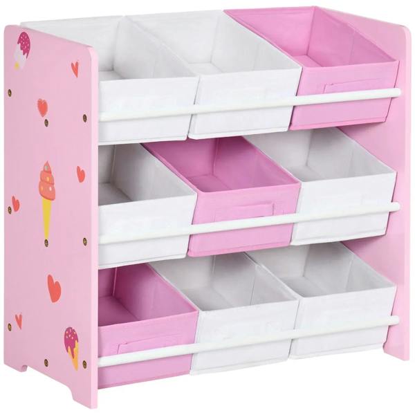 Pink kids storage rack with nine removable bins; three rows of open compartments
