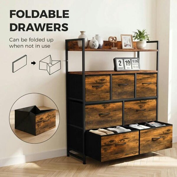 Chest of Drawers, Bedroom Fabric Dresser with 7 Drawers, Storage Organiser Unit with Open Shelves, Rustic Brown