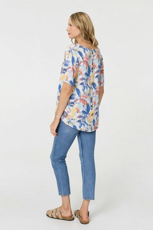 Blue | Leaf Print Relaxed Short Sleeve Blouse
