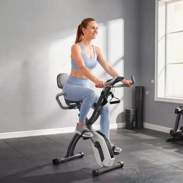 4-In-1 Folding Exercise Bike with Resistance Bands, Bluetooth App, 8-Level Magnetic Resistance, LCD Display, Grey - Grey