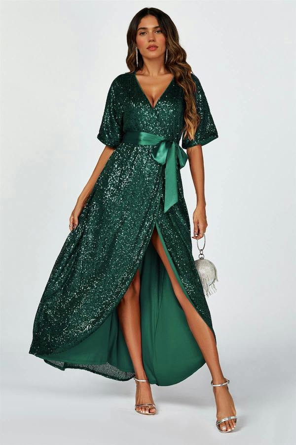 FS Collection Wrap Style Sequin Maxi Dress In Green