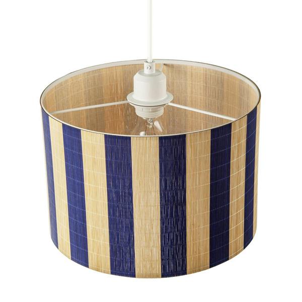 Chic Natural Brown Bamboo Lamp Shade with Navy Midnight Blue Stripes Image 3