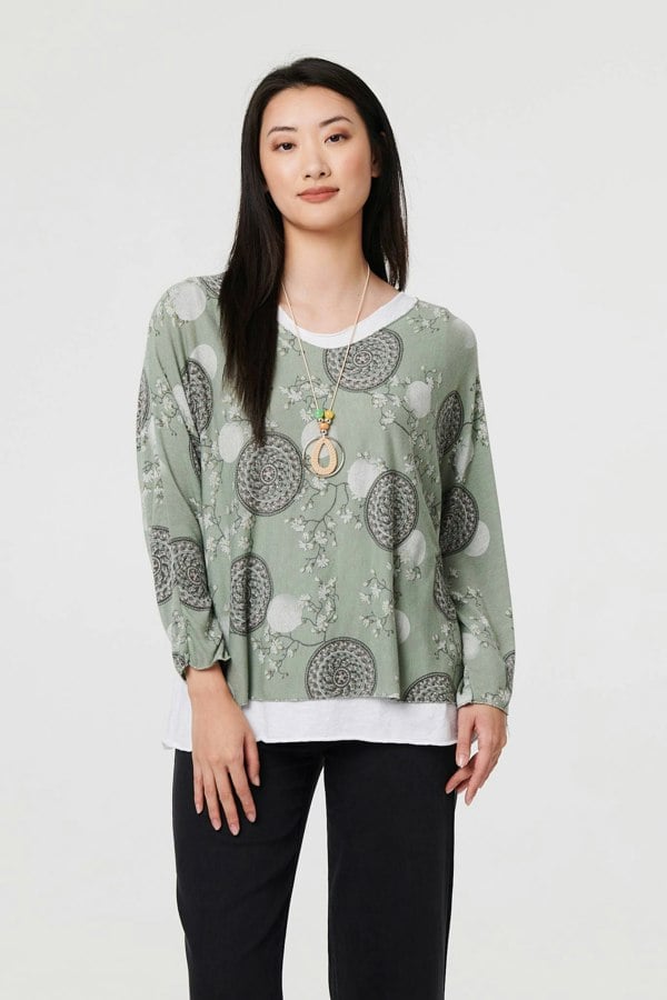 Khaki | Printed Long Sleeve Top with Necklace