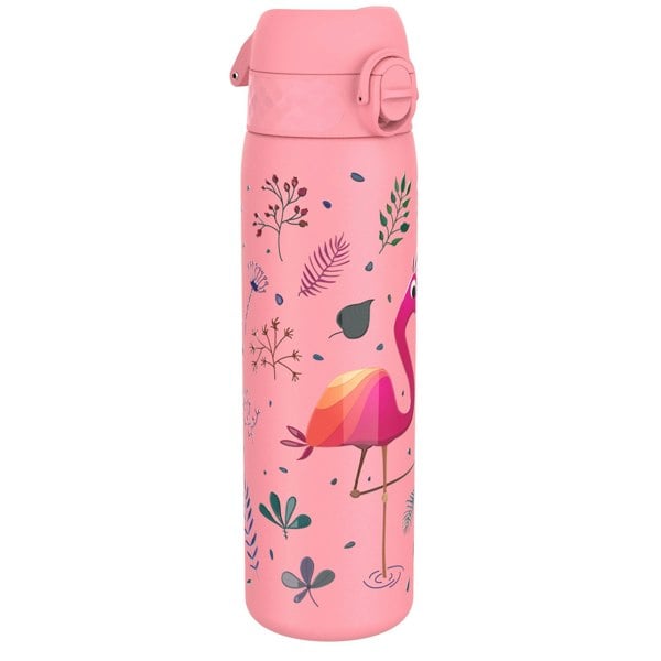 A pink water bottle, decorated with a flamingo and floral designs, stands on a white background.