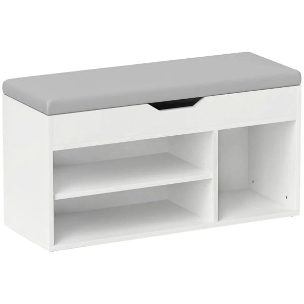 Cream padded seat bench with hidden shoe storage cabinet and open compartments