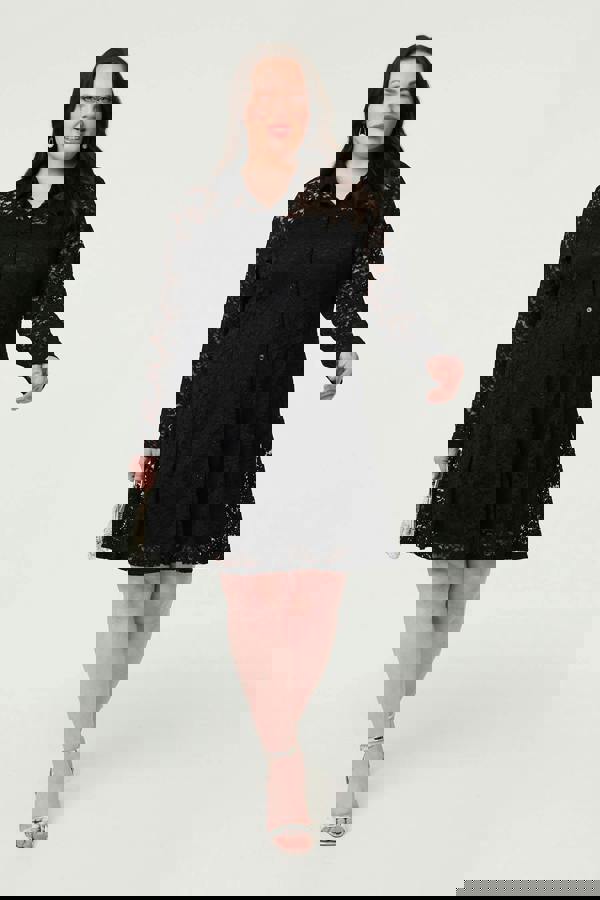 Black | Curve Lace Layer Long Sleeve Mini Shirt Dress