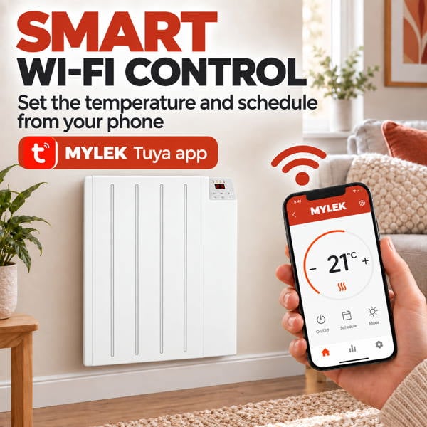 MYLEK Electric Radiator Panel Heater WIFI Smart APP Eco 1000W Bathroom Safe Wall Mounted Timer Thermostat