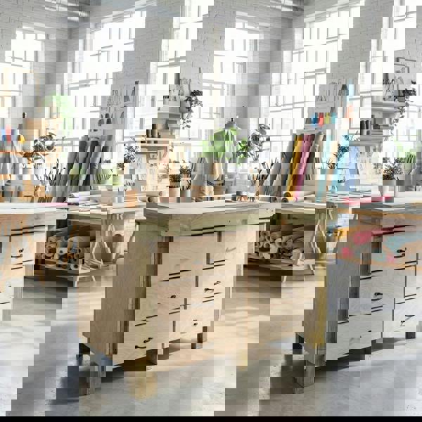 Wooden eucalyptus Top Workbench – Sturdy Tool Cabinet with Multiple Drawers for Organized Storage, Ideal for Dry Indoor Spaces Such as Garages, Workshops, and Studios