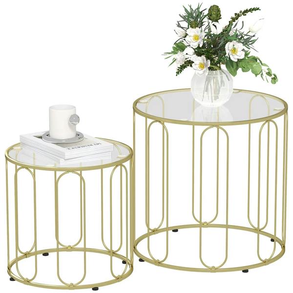 Gold-tone cut-out nesting tables, round tops, open metal base