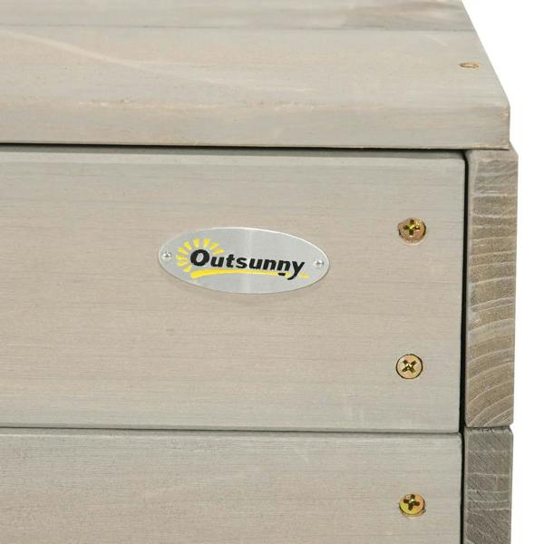 Grey wooden sandbox corner with metal hardware and brand name plaque