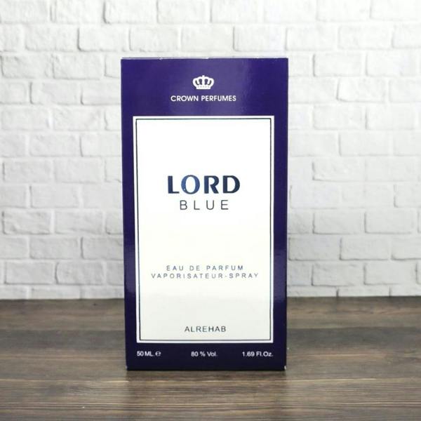 Al Rehab Lord Blue Eau De Parfum 50ml For Men perfume box on wooden table