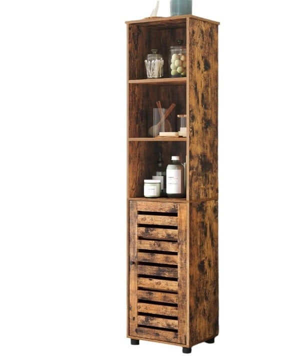 Modcraft Rustic Brown Floor Cabinet with Door & Open Shelves, Adjustable Storage, 167cm Tall