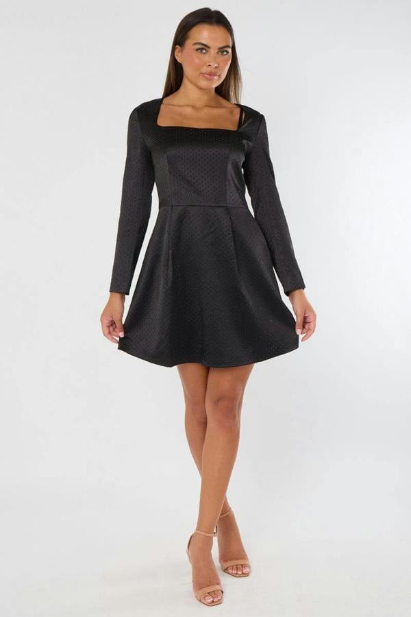 Long Sleeve Black Sequin Mini Dress with Pockets