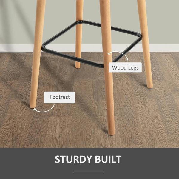 Grey upholstered bar stool with black metal footrest and light wood legs
