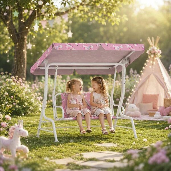 Kids Porch Swing, 2-Seater Patio Swing Bench Hammock with Seat Belts, Adjustable Canopy for Garden, Pink - Pink