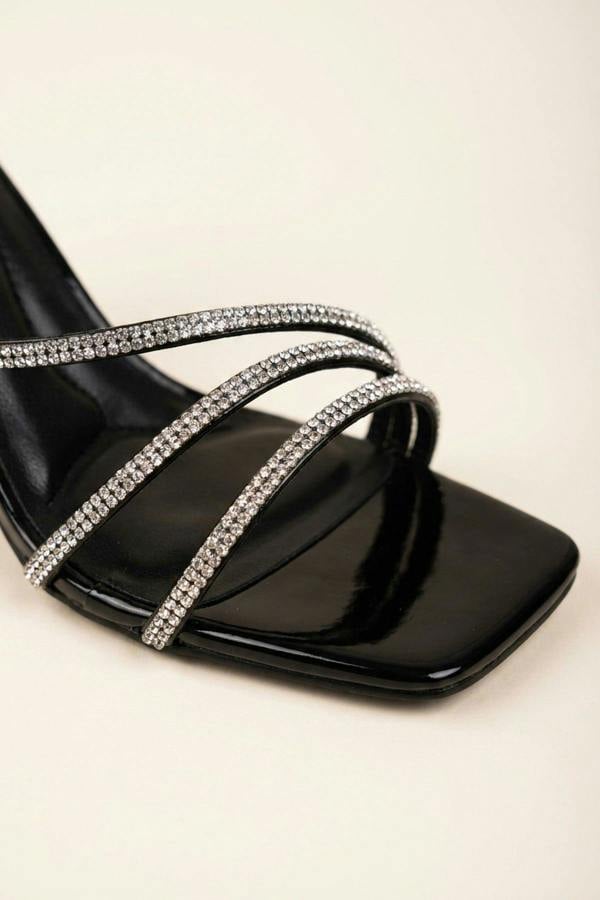Saoirse Patent Rhinestone Strap Square Sandals - Black