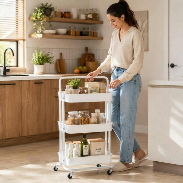 Dyzi 3 Tier Rolling Storage Trolley Utility Organiser with Wheels White