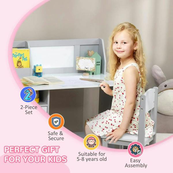 Child standing at grey whiteboard desk with matching chair, holding marker